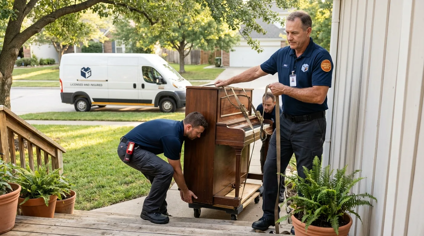 Licensed piano movers securing grand piano in Franklin, GA