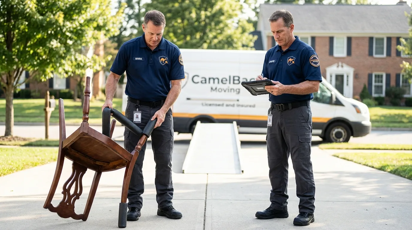 Movers inspecting furniture for damage prevention before loading in Franklin, GA