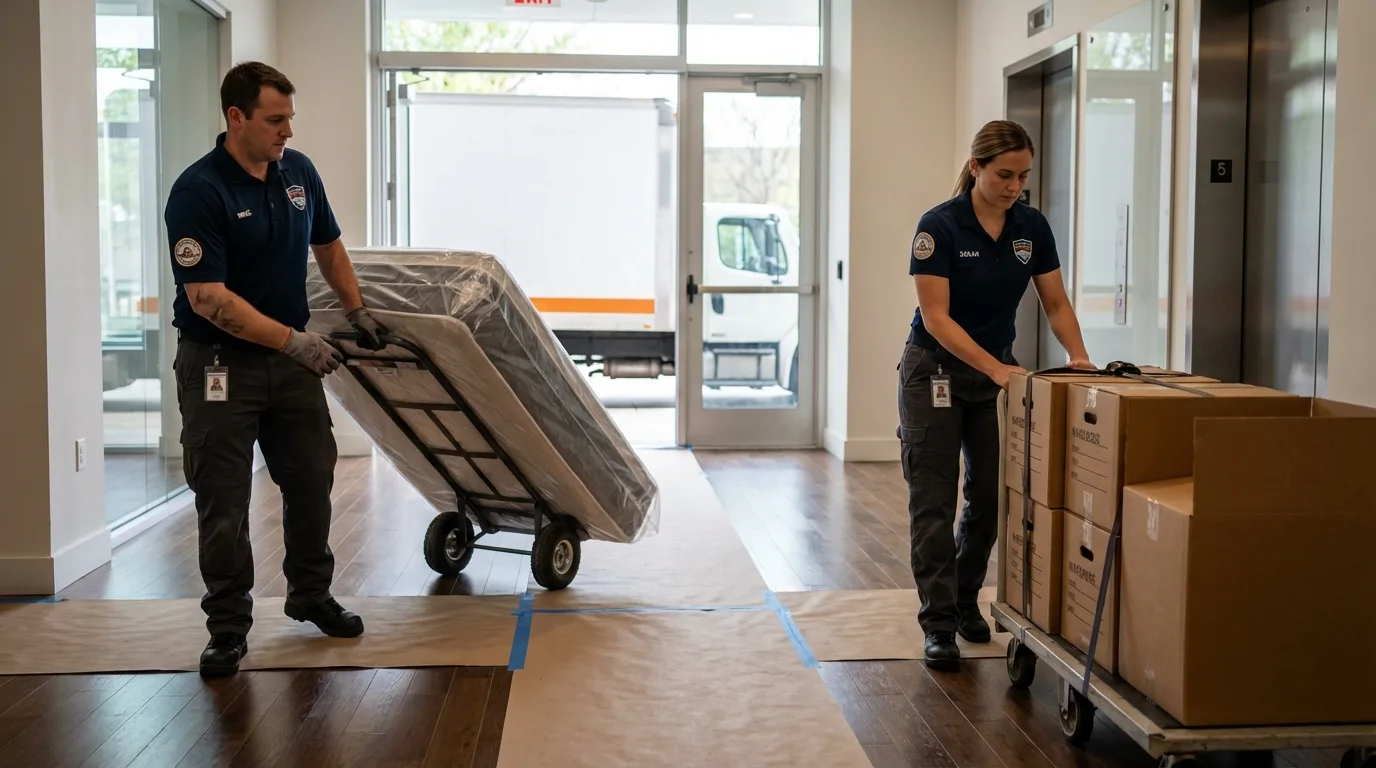 Professional apartment movers loading elevator in Franklin, GA