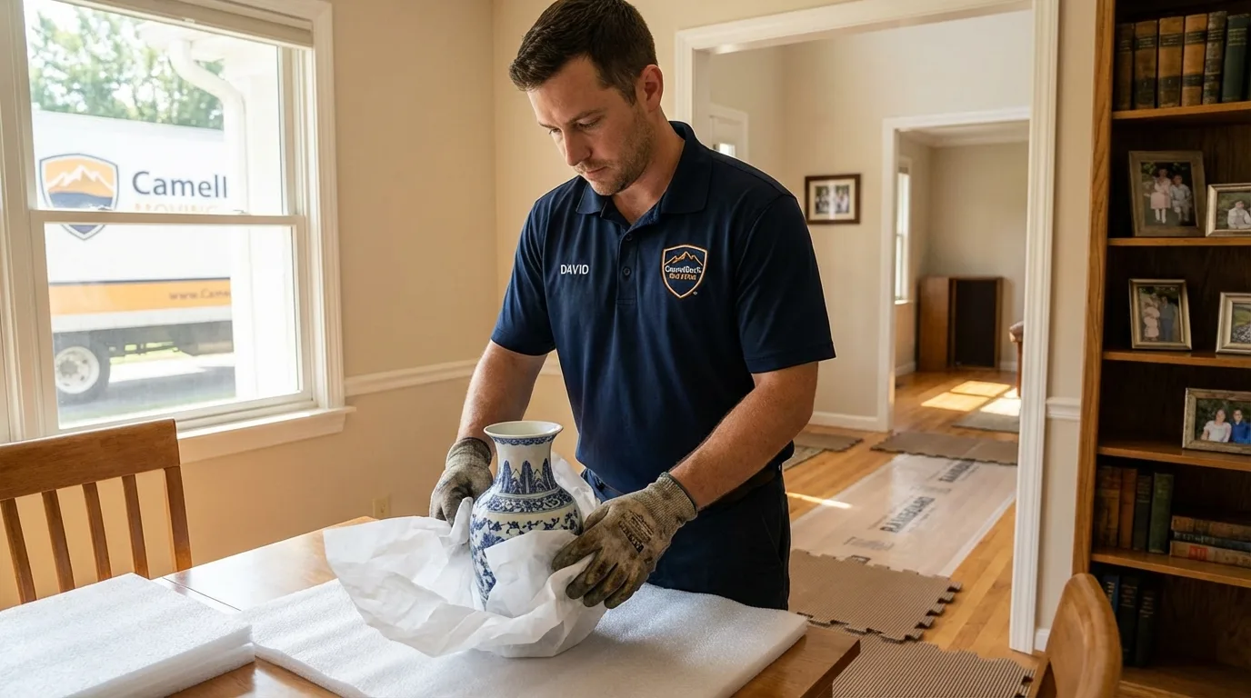Professional crew carefully wrapping antique vase for senior downsizing move in Franklin, GA